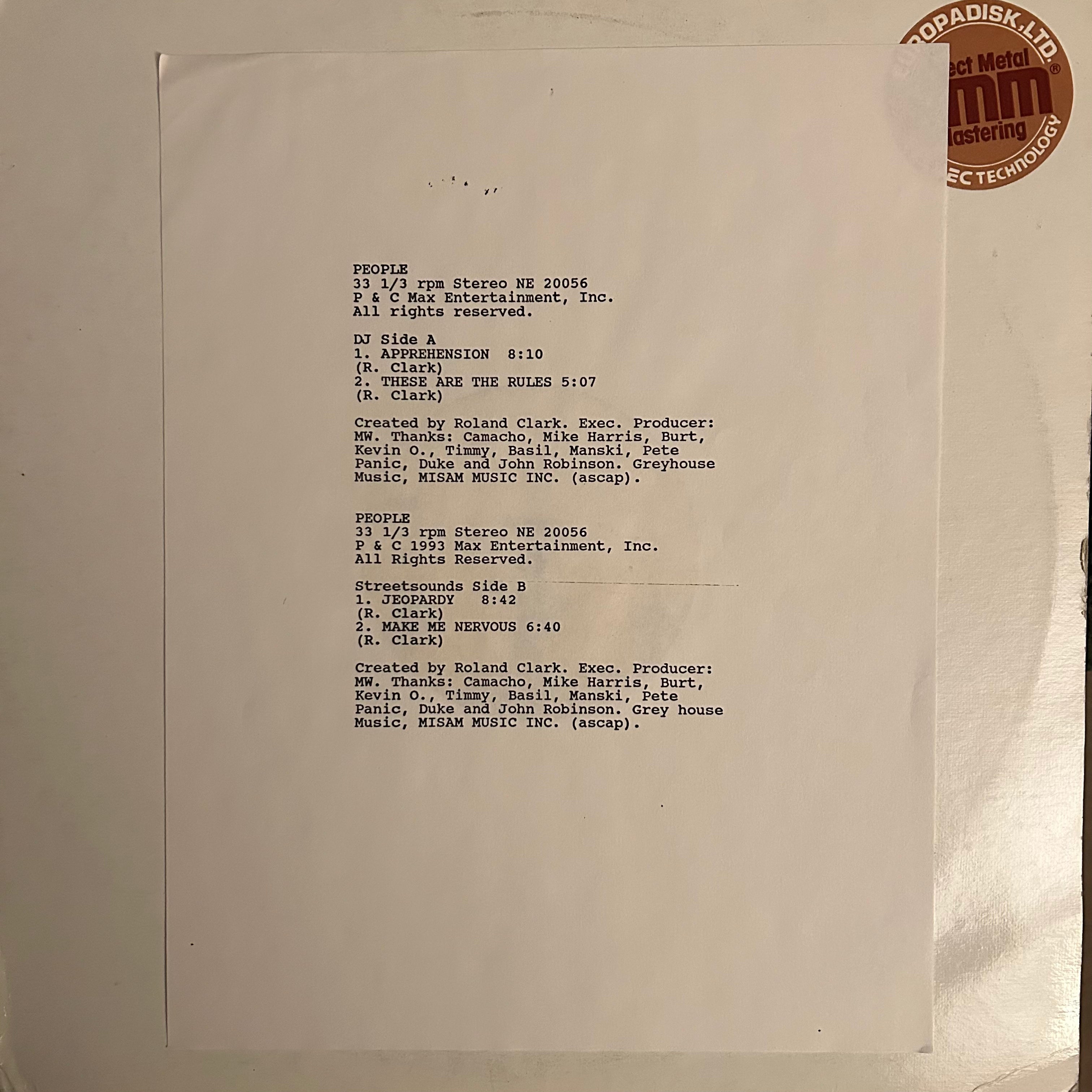 People - Apprehension (1993) Nervous Deep House Test Pressing 12"