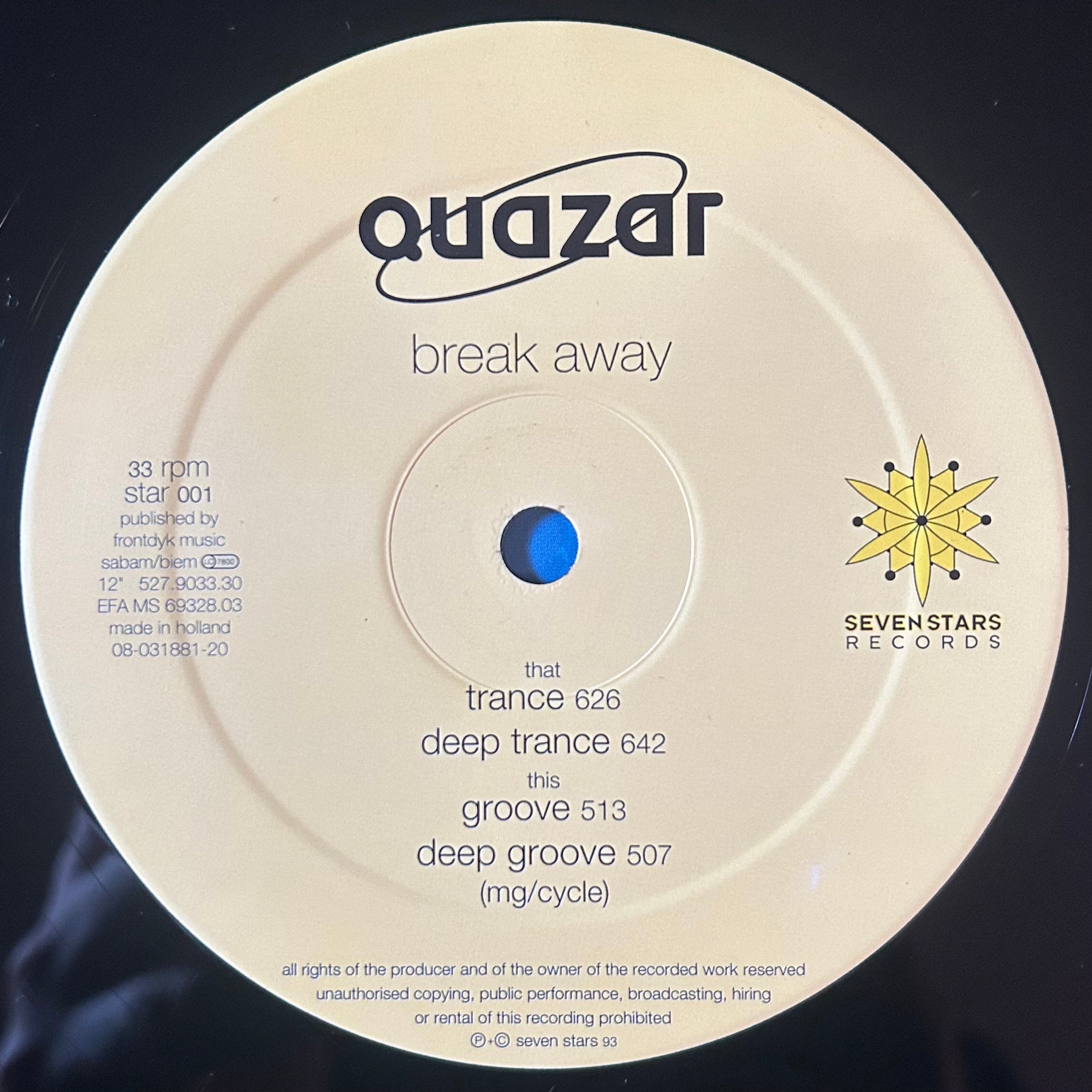 Quazar - Break Away (1993) Classic Dutch Trance House 12"